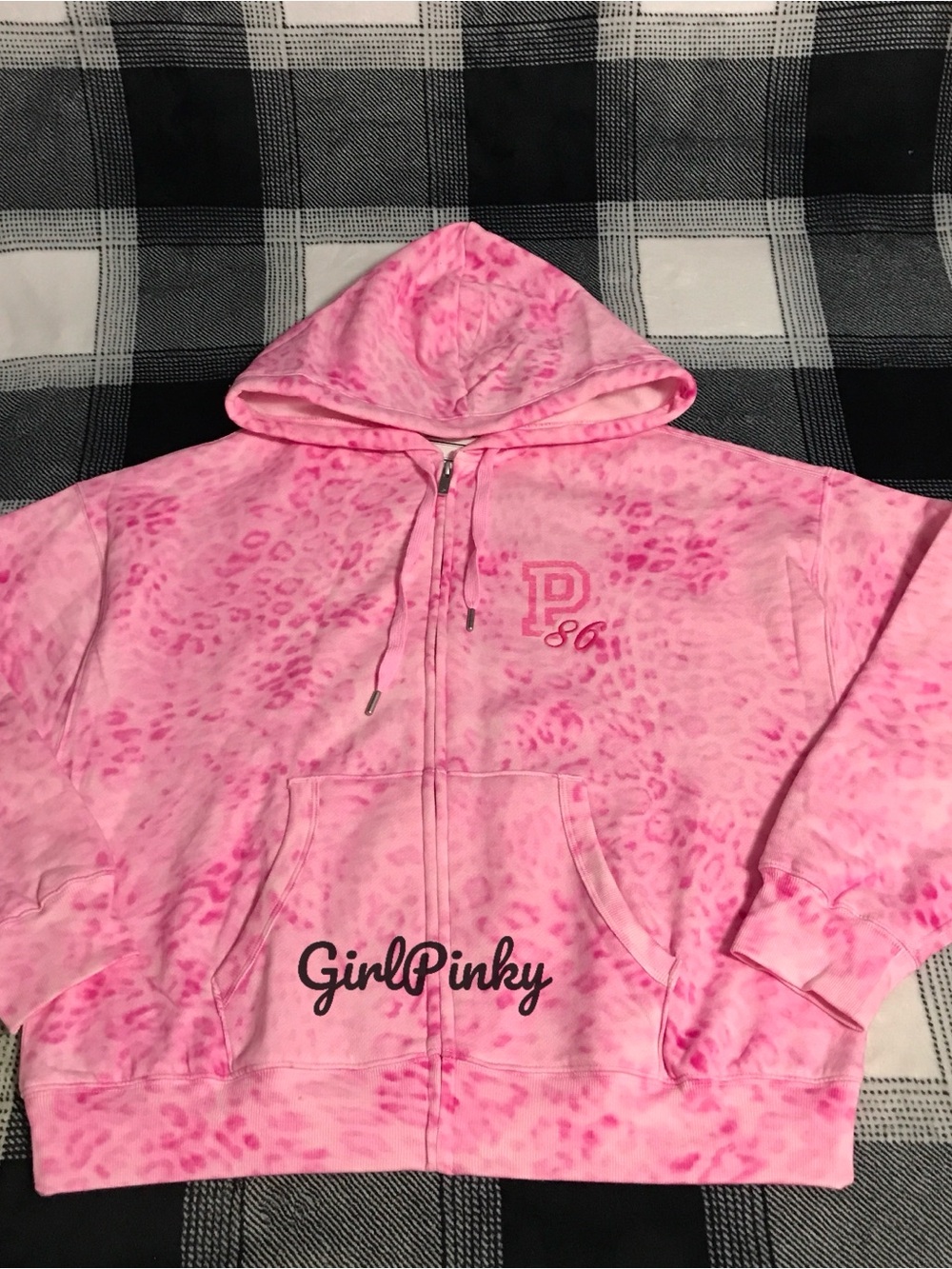 VS PINK IVY FLEECE CAMPUS FULL ZIP HOODIE IN PINK LEOPARD PRINT LOGO XS & L
